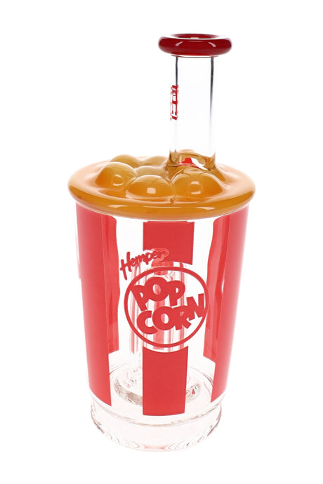 Front view popcorn-bucket Puffco Peak top with red striping, yellow popcorn cap, and red glass mouthpiece detail