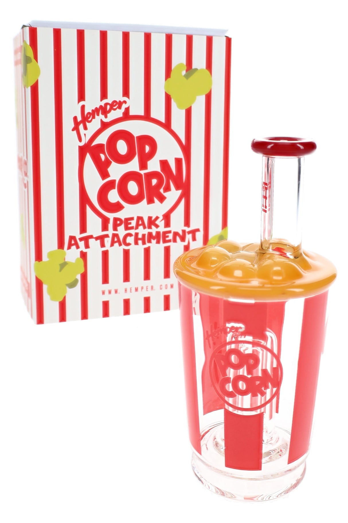 Hemper Popcorn Peak attachment beside retail box, clear glass bucket with red decals and yellow popcorn cap displayed
