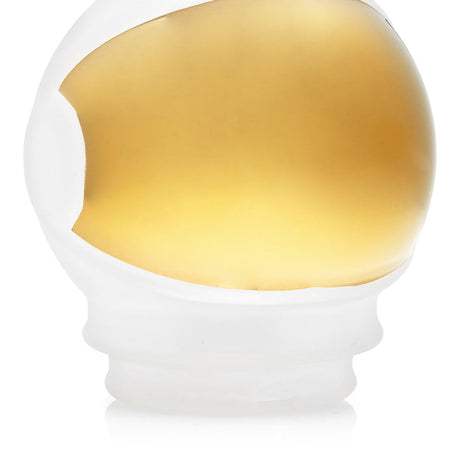 Close-up of gold visor on Space Fleet Peak top, sharp electroplated shine against frosted glass helmet edges