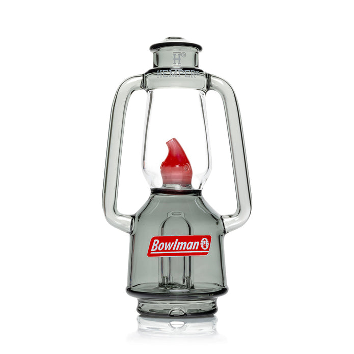 Studio front shot of lantern Peak glass top showing clear chamber, smoke base, Bowlman decal, and red flame detail