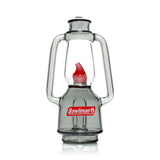 Studio front shot of lantern Peak glass top showing clear chamber, smoke base, Bowlman decal, and red flame detail