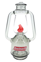 Front view lantern Peak top with Bowlman decal and “H” logo on smoke glass, red flame guard above clear chamber