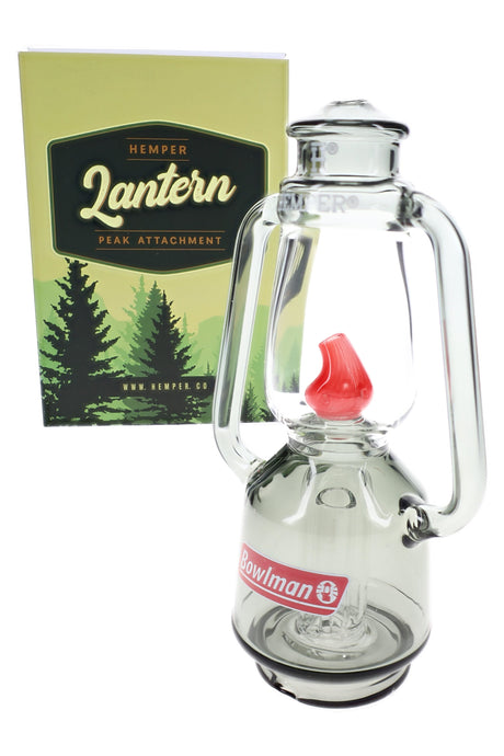 Hemper Lantern Peak top beside branded box, clear lantern chamber with red flame splash guard and smoke glass base