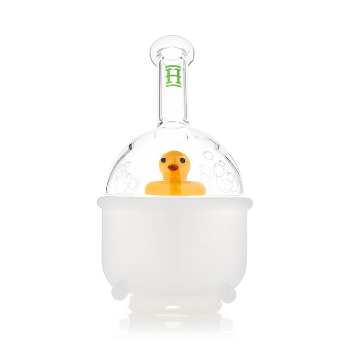 Studio front shot of Ducky Puffco Peak top, white tub base with clear bubble dome and yellow duck centerpiece