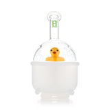 Studio front shot of Ducky Puffco Peak top, white tub base with clear bubble dome and yellow duck centerpiece