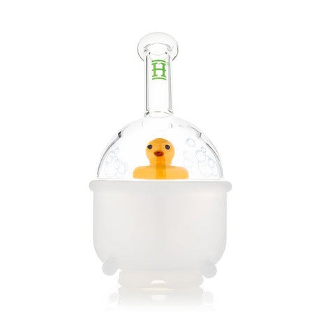 Studio front shot of Ducky Puffco Peak top, white tub base with clear bubble dome and yellow duck centerpiece
