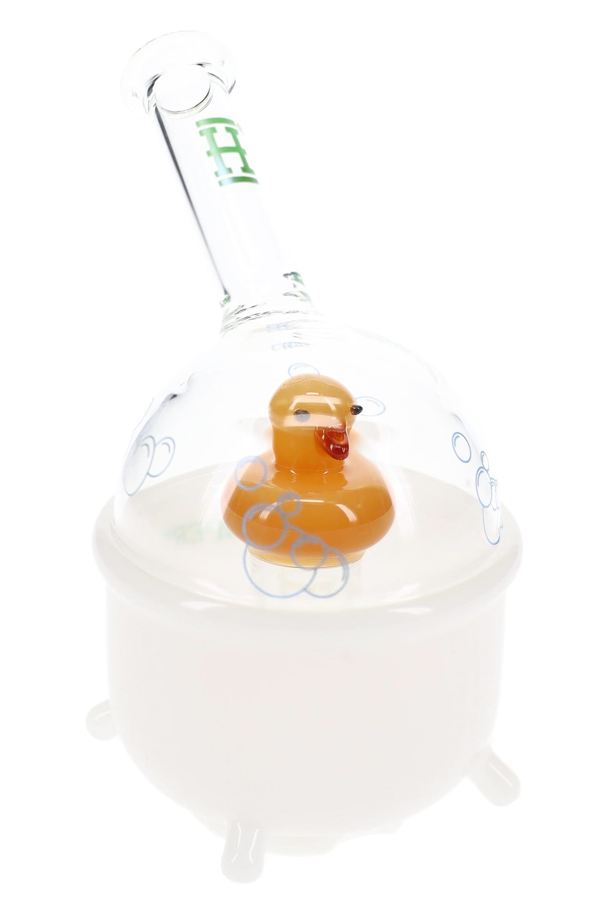 Close front view of Ducky Peak top showing bubble decal dome, yellow duck inside, and green “H” logo on glass