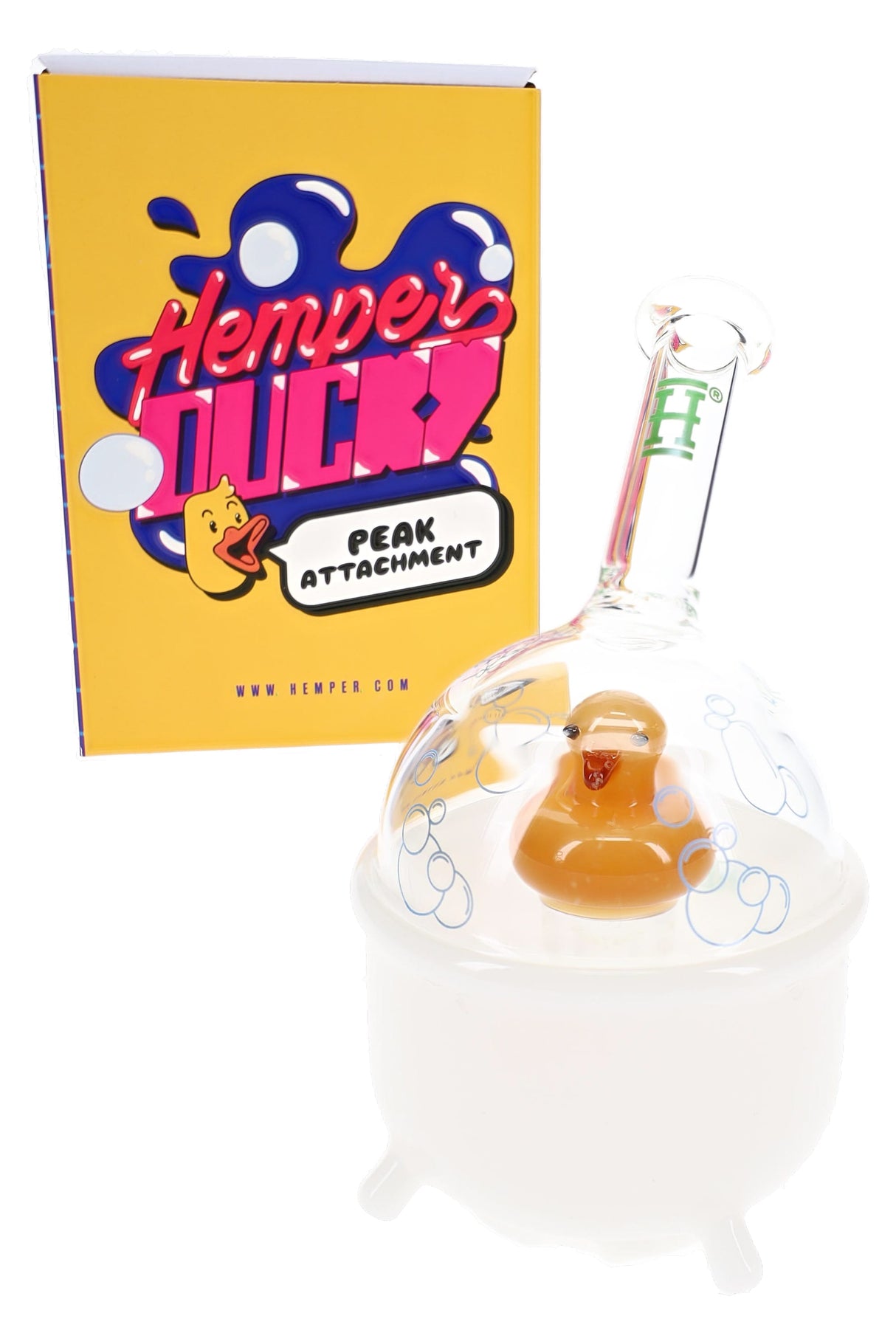 Hemper Ducky Peak top beside branded yellow box, clear dome with bubble decals and duck perched on percolator