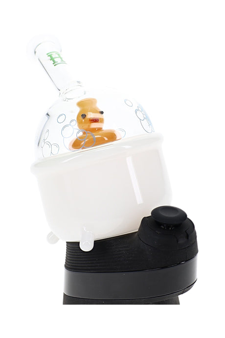 Angled Ducky Peak glass attachment on device, clear bubble decal dome over white tub base and yellow duck accent