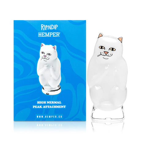 Boxed High Nermal Peak top on reflective surface, RIPNDIP x Hemper collab packaging and white cat glass piece