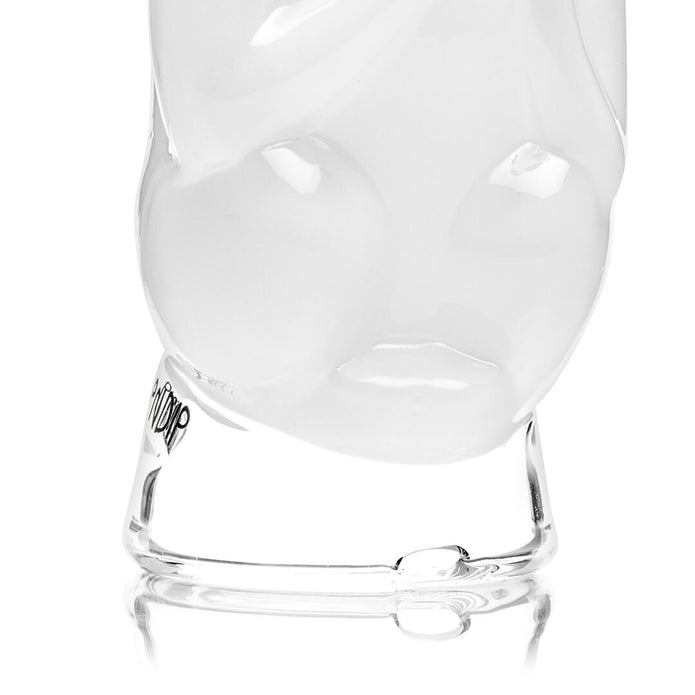 Close-up of High Nermal Peak top lower glass base connection, clear joint area and white cat body detail view