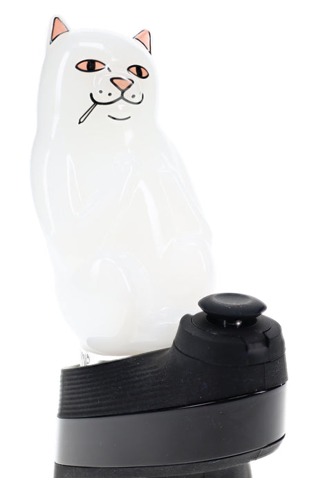 White High Nermal cat borosilicate Peak top mounted on device base, printed face details and clean silhouette view