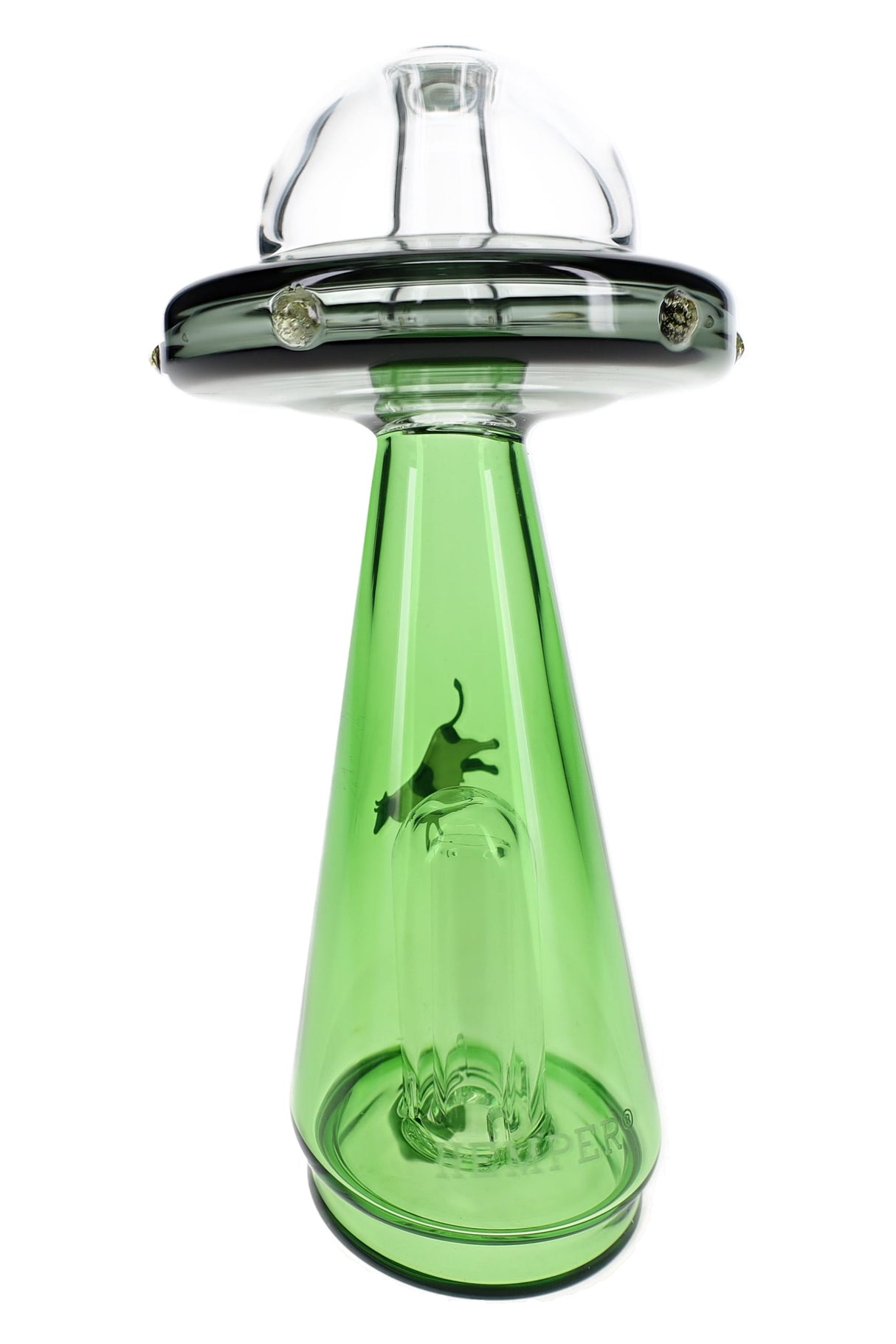 Front view of UFO Vortex Puffco Peak top with clear dome saucer rim and vivid green beam chamber centered below