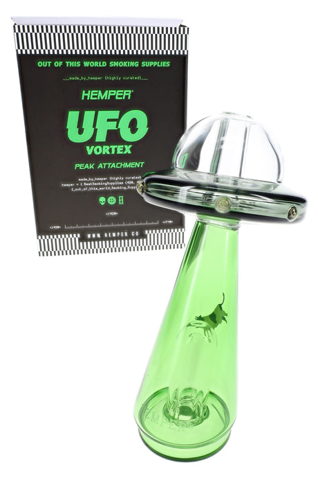 Hemper UFO Vortex Peak attachment beside branded box, UFO-shaped glass top with green beam chamber for Peak setup