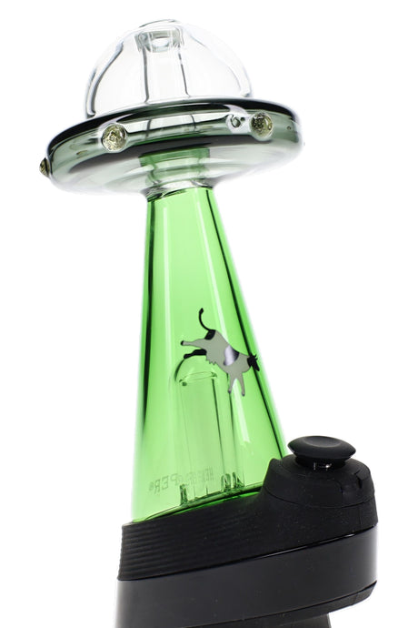 Close-up of UFO Vortex Peak top showing neon green cone chamber with tiny cow graphic inside the “beam” area