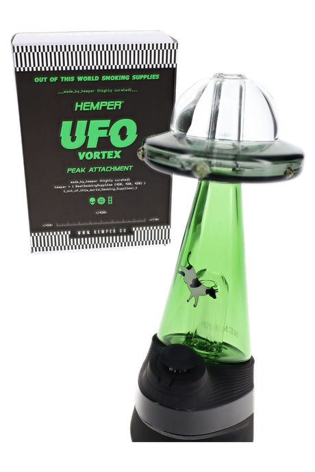 Hemper UFO Vortex Puffco Peak top with box on device, UFO saucer rim and bright green beam chamber detail