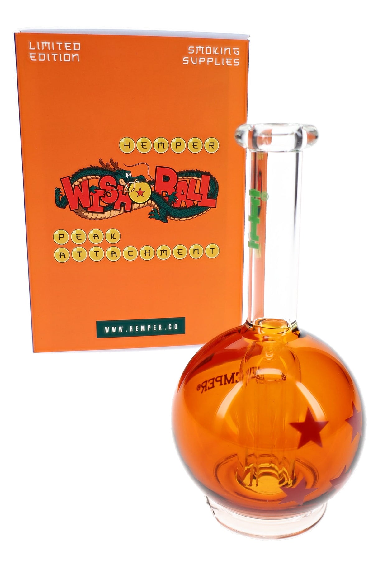 Hemper Wish Ball Peak attachment beside orange retail box, star-pattern orb chamber and tall clear mouthpiece detail