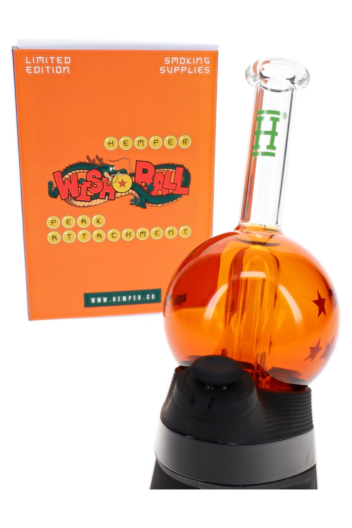 Hemper Wish Ball Puffco Peak top on device with orange box, bright orb chamber with star graphics and clear mouthpiece