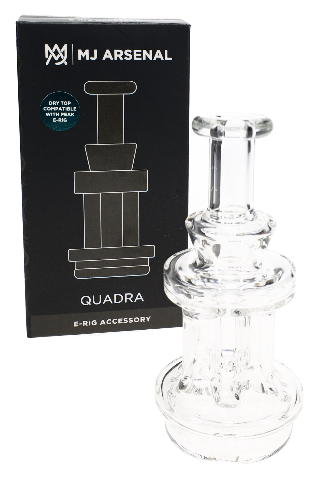 MJ Arsenal Quadra Peak attachment with retail box, clear borosilicate dry top shown in front packaging view