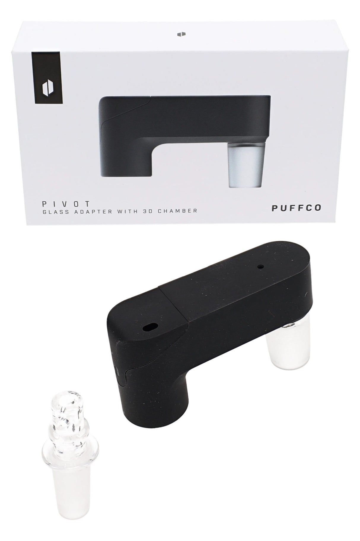 Puffco Pivot glass adapter with included 3D chamber and 10 mm plus 14 mm joints in Onyx finish