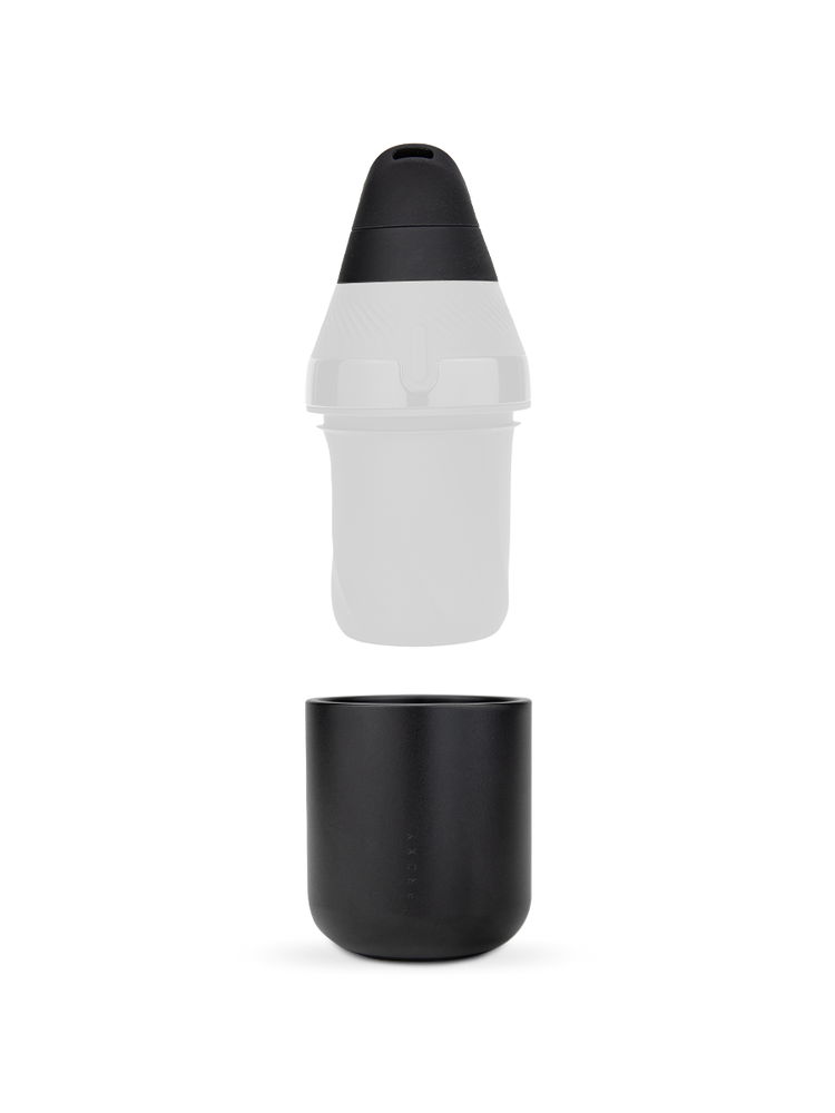 Puffco Proxy Core components separated to show black mouthpiece, cup, and modular vaporizer accessory layout