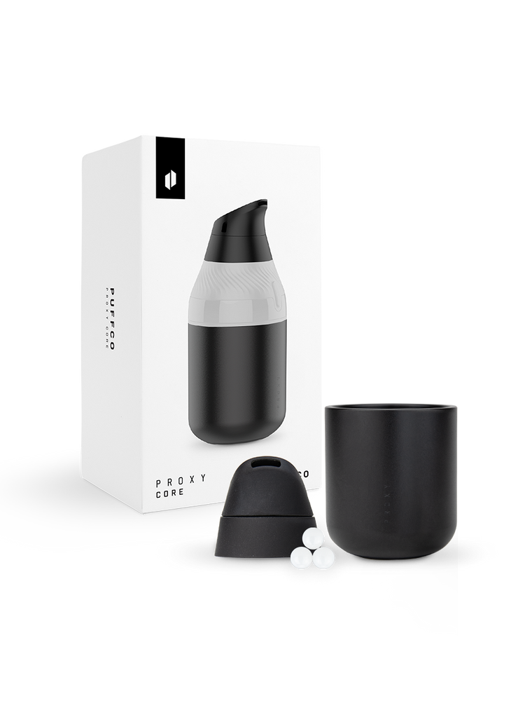 Puffco Proxy Core boxed set showing black cup, mouthpiece, and three ceramic terp pearls for concentrates