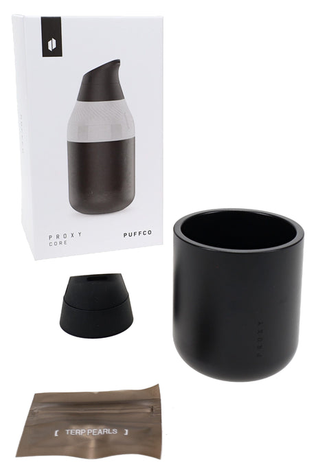 Boxed Puffco Proxy Core accessory with black cup, silicone mouthpiece, and three ceramic terp pearls