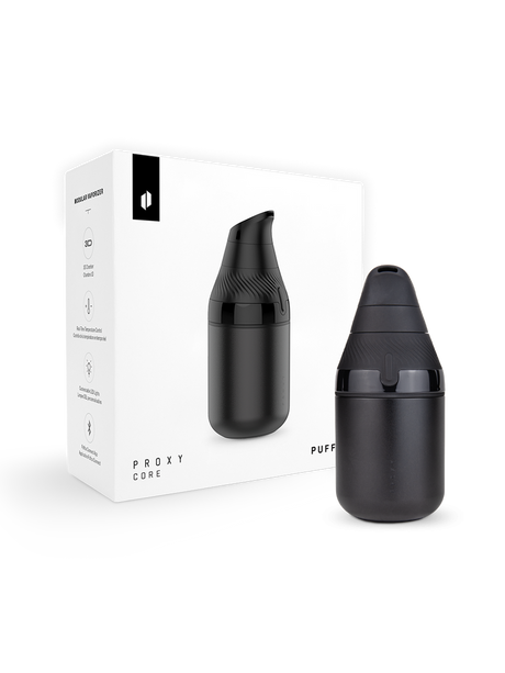 Puffco Proxy Core Kit in Onyx posed beside retail box to highlight complete concentrate device package