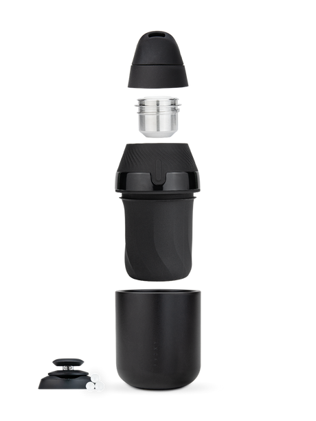 Exploded view of Puffco Proxy Core Kit with cap, chamber, base, terp pearls, and Joystick Cap displayed