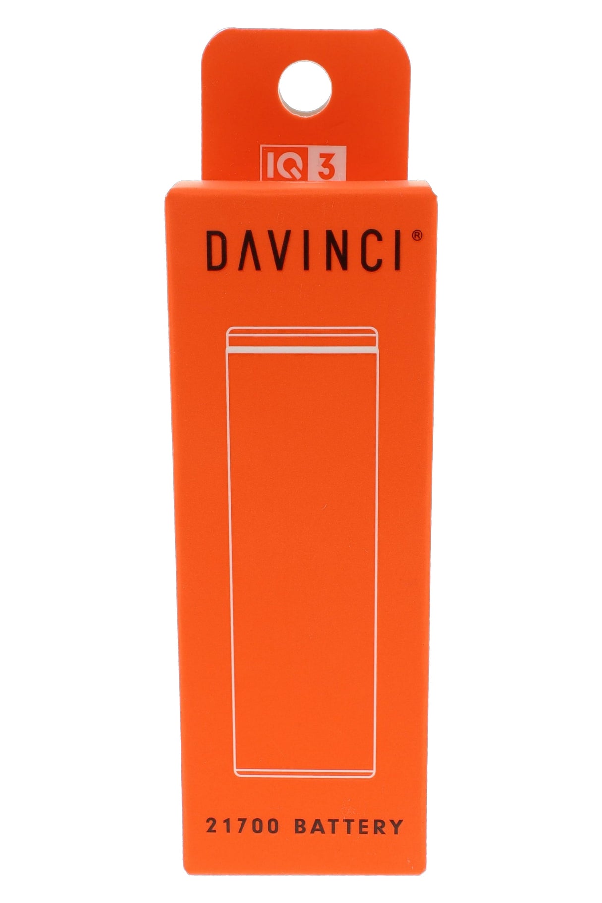 Orange DaVinci IQ3 21700 battery retail box shown front-facing for OEM vaporizer battery accessory display