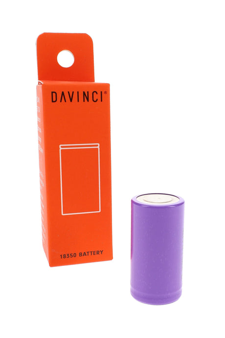 Purple DaVinci MIQRO-C 18350 replacement battery beside orange retail box for portable vaporizer accessory listing