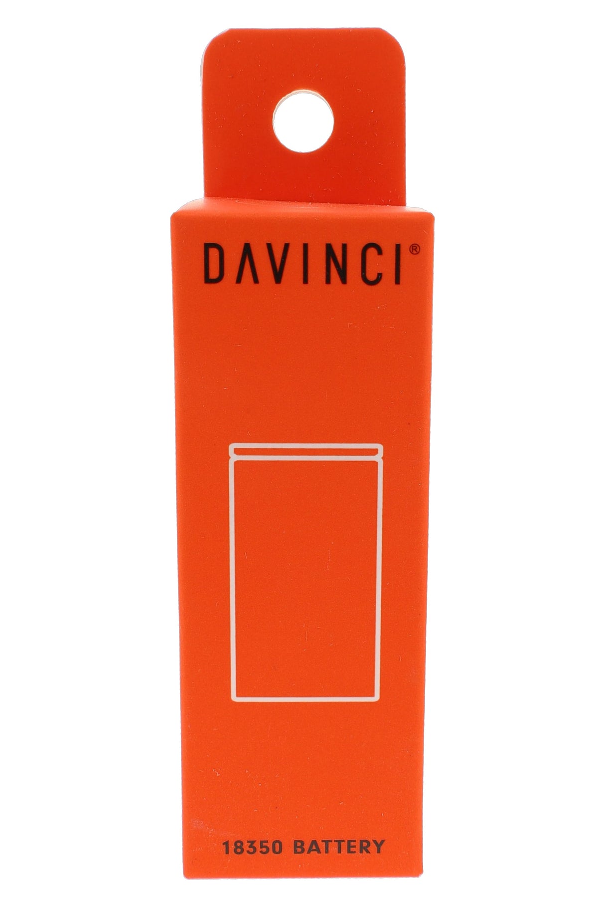 Front-facing orange DaVinci 18350 battery retail box for MIQRO-C replacement battery accessory display