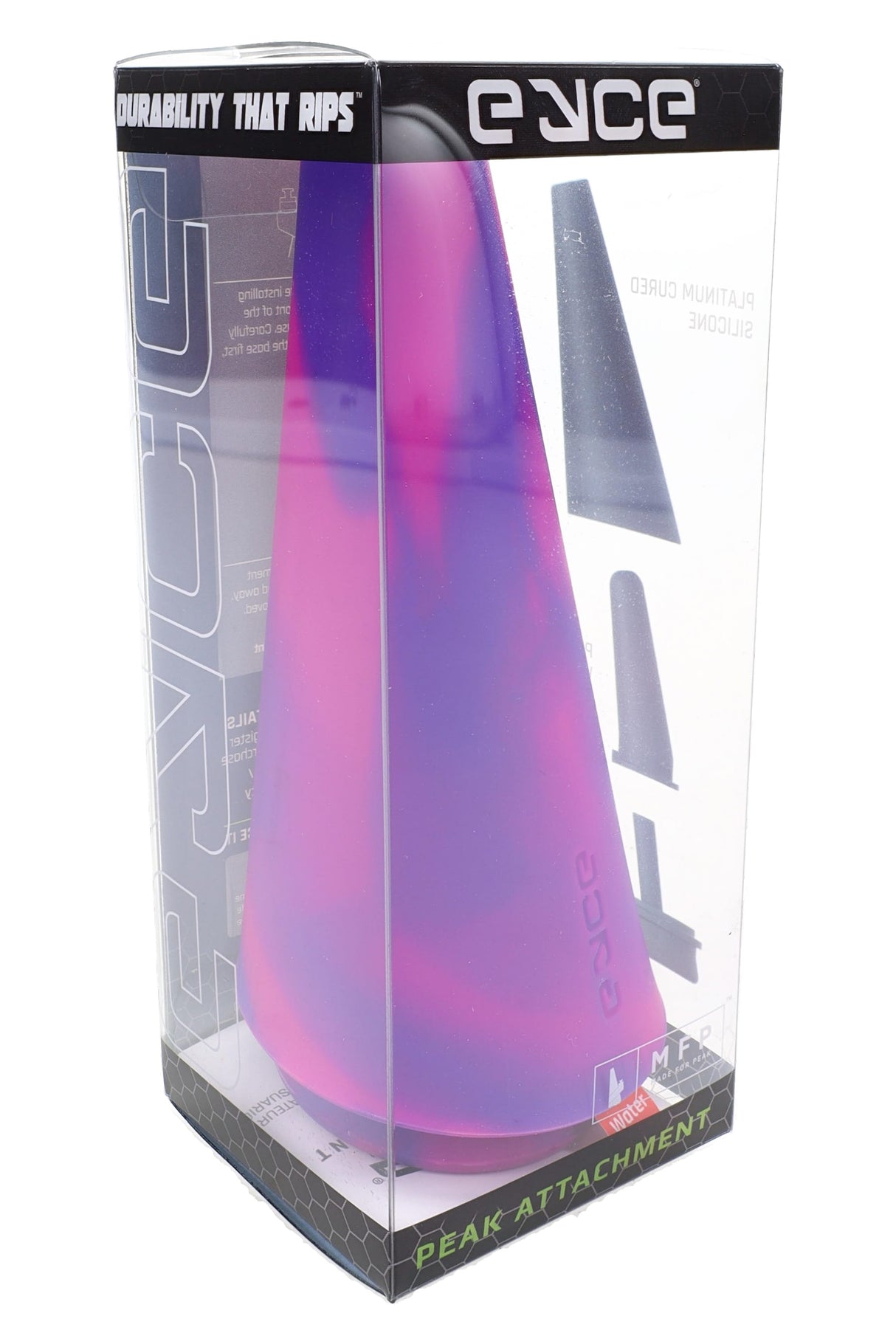 Flower Purple Eyce Peak Attachment in box, angled silicone concentrate accessory for compatible Puffco devices
