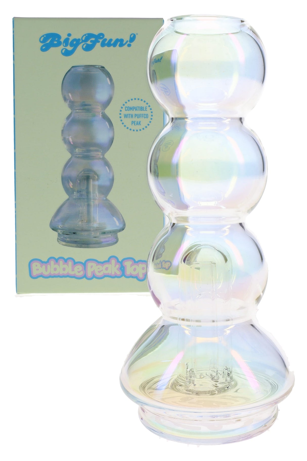 Iridescent Puffco Peak top in retail box with bubble-stack glass body and compact replacement-top shape