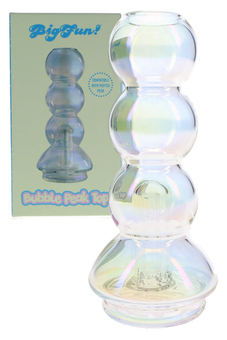 Iridescent Puffco Peak top in retail box with bubble-stack glass body and compact replacement-top shape