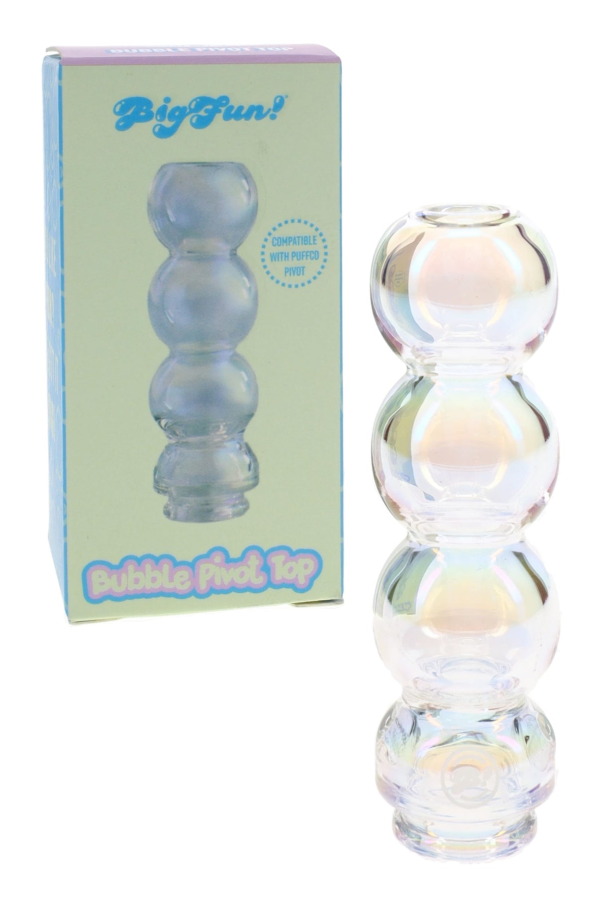 Iridescent Puffco Pivot top in retail box with compact bubble-stack glass design and glossy electroplated finish