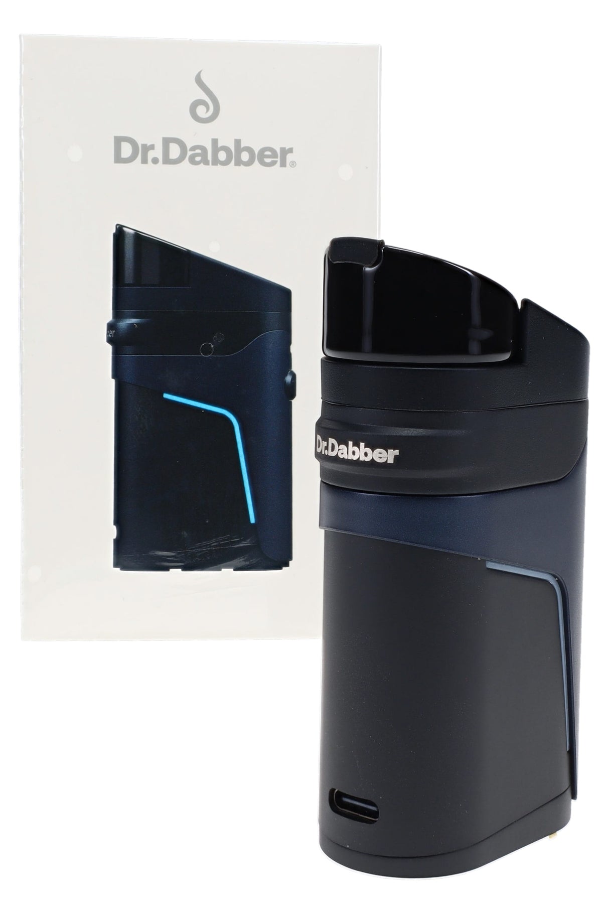 Dr. Dabber Ghost² concentrate vaporizer with retail box, matte black finish, and blue accent line on front view