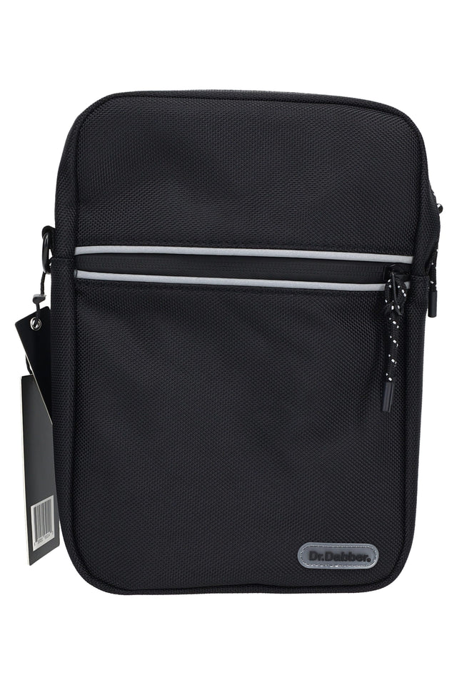 Black Dr. Dabber tour bag with front zipper pocket, shoulder strap, and compact travel case design