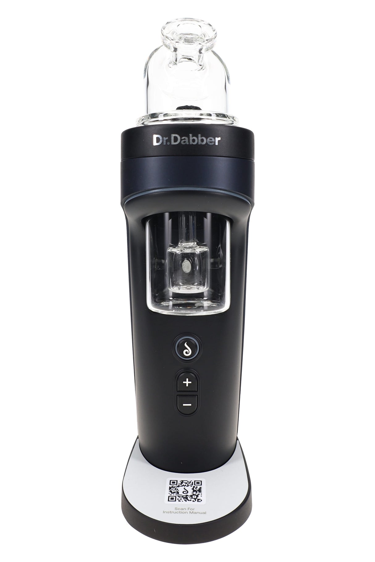 Front view of black Dr. Dabber Switch² concentrate vaporizer with buttons and clear glass chamber