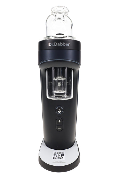 Front view of black Dr. Dabber Switch² concentrate vaporizer with buttons and clear glass chamber