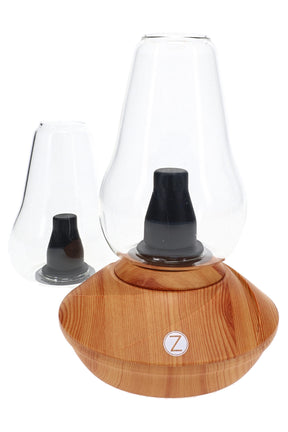 Zenco Duo Wood desktop vaporizer with woodgrain base, two glasses, and modern glass-filled setup