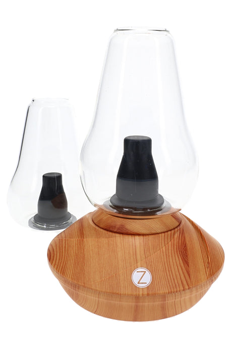 Zenco Duo Wood desktop vaporizer with woodgrain base, two glasses, and modern glass-filled setup