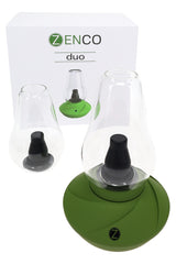 Zenco Duo Leaf vaporizer with green base, two clear glasses, charger, coils, scoop, and brush