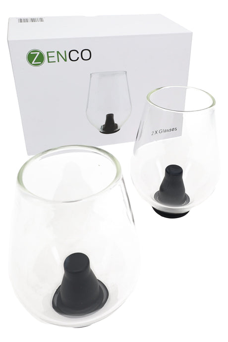 Zenco Sommelier 2-pack glassware set with white retail box, clear cups, and black silicone diffusers