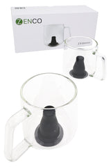 Zenco Cafe 2-pack glassware set with white box, clear handled cups, and black silicone diffusers