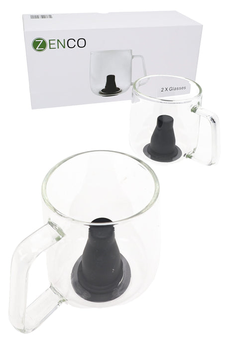 Zenco Cafe 2-pack glassware set with white box, clear handled cups, and black silicone diffusers