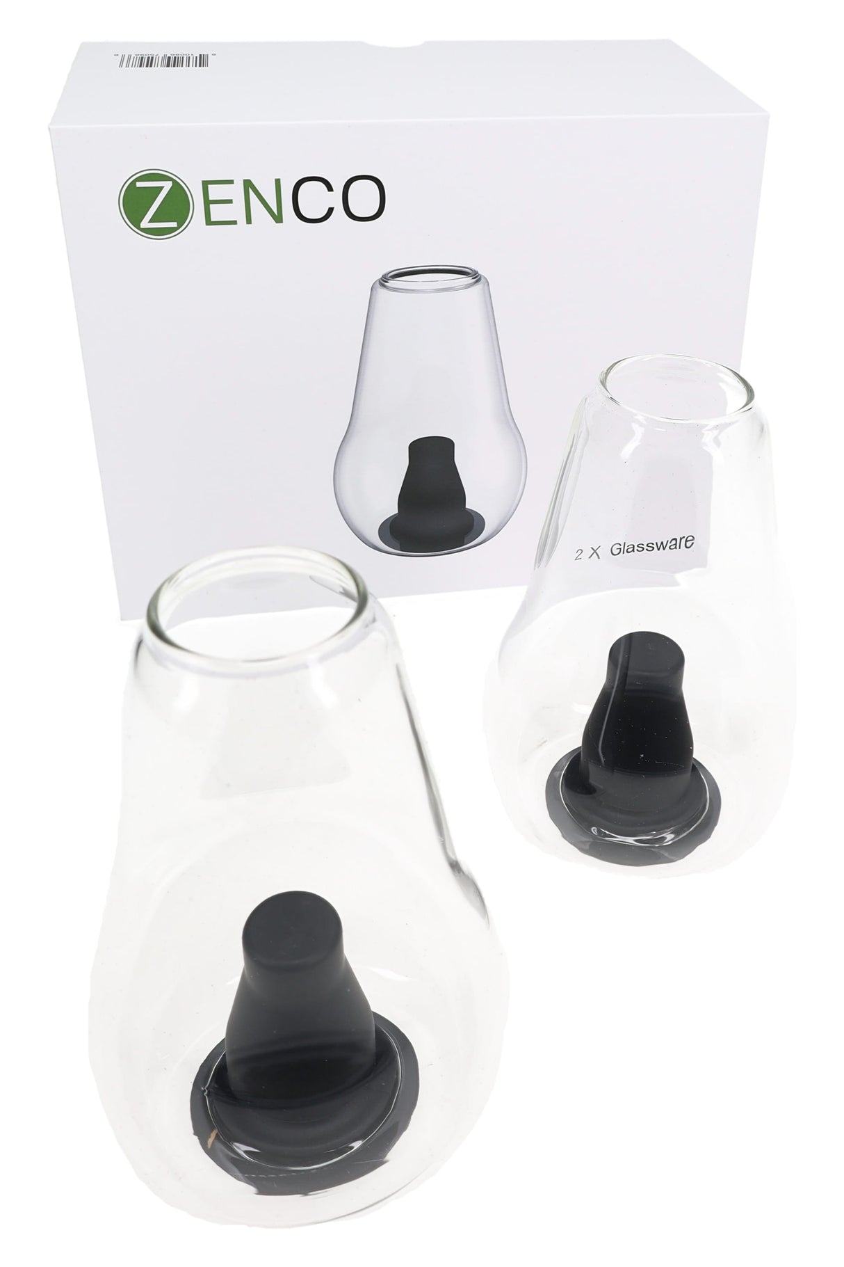 Zenco Duo 2-pack glassware set with white retail box, two clear cups, and black silicone diffusers