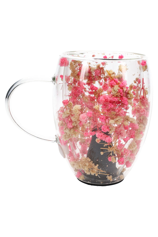 Clear Zenco Flora Cafe handled glass with pink and tan flower accents plus black silicone diffuser