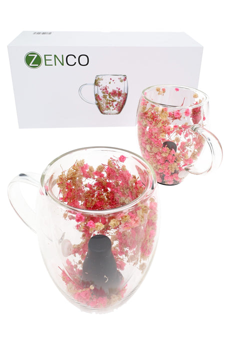 Zenco Flora Cafe 2-pack glassware set with white box, clear handled cups, and pink dried flowers