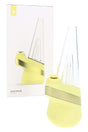 Puffco Peak Zest smart e-rig angled left with pale yellow-green base and clear glass top